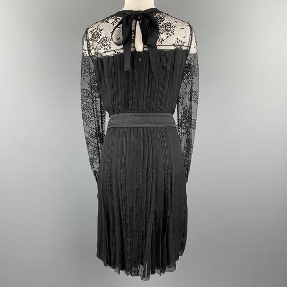 PRADA Size 10 Black Pleated Silk Lace Top Long Sleeve Cocktail Dress - Picture 6 of 8